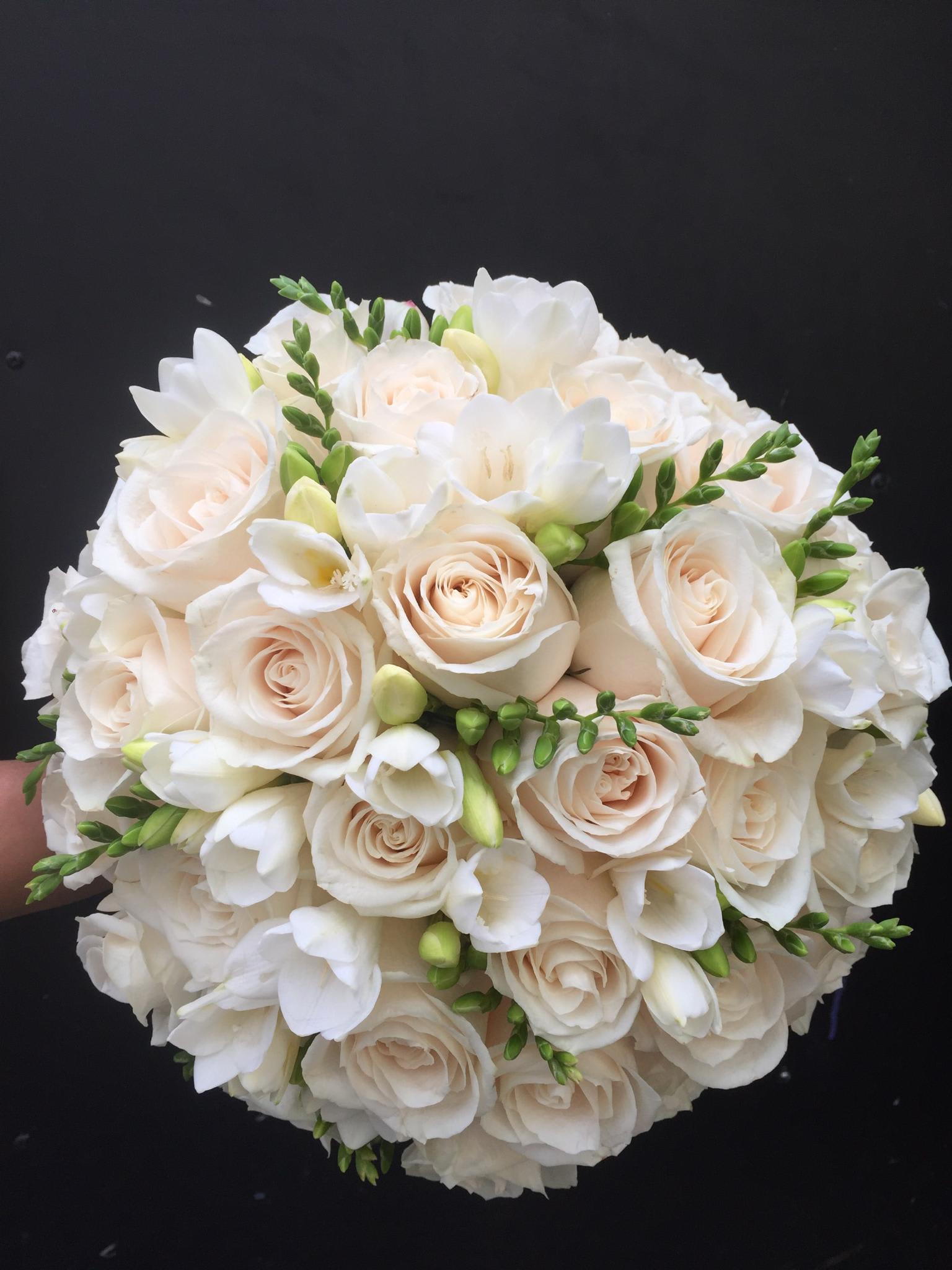 Bridal 9 - Bridal bouquet with freesia, rose and accents. 