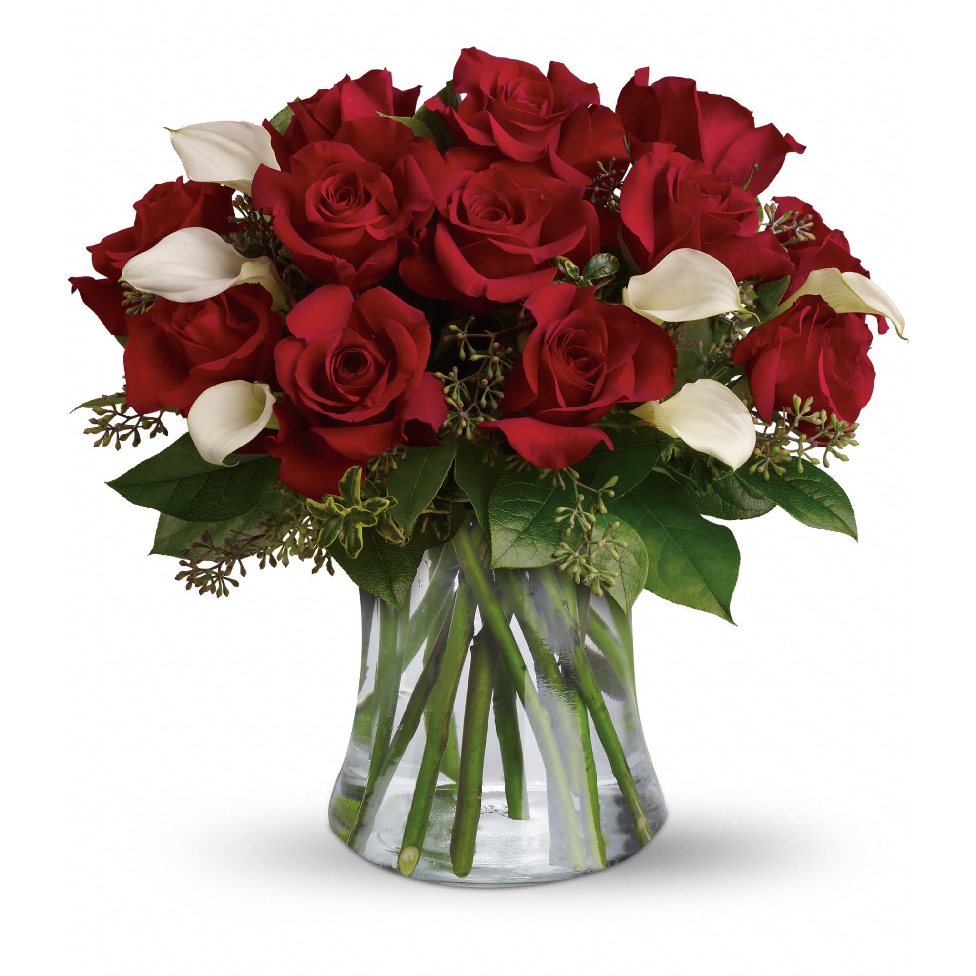 Be Still My Heart - Dozen Red Roses  - The look of love is charmingly reflected in this romantic array of red roses and fragrant white callas. Beautifully presented in a sparkling glass vase, these gorgeous flowers will say what's in your heart more eloquently than words.  The gorgeous bouquet features one dozen red roses and a half dozen miniature white calla lilies accented with assorted greenery.  Approximately 15 1/2&quot; W x 15 1/2&quot; H  Orientation: All-Around      As Shown : TRS02-1A     Deluxe : TRS02-1B     Premium : TRS02-1C 