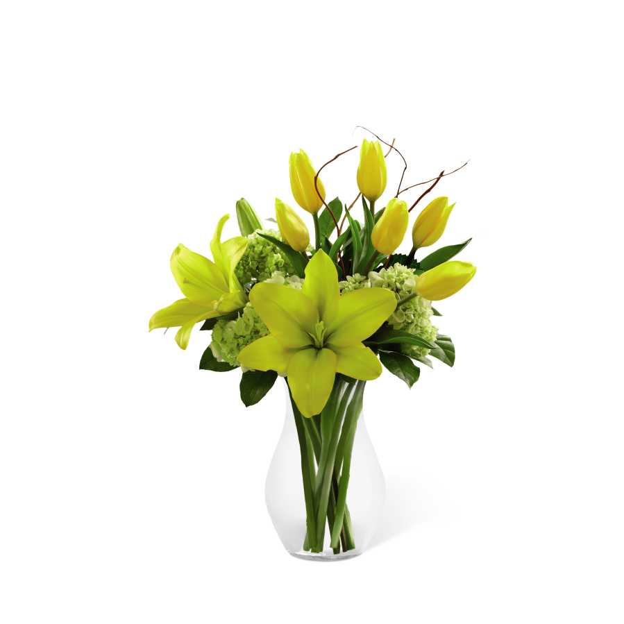 The FTD Your Day Bouquet - The FTD Your Day Bouquet is a bright and sunny display set to uplift their spirits with each exquisite bloom. Yellow tulips and Asiatic lilies are arranged amongst green mini hydrangea, lush greens and a curly willow accent. Seated in a classic clear glass vase this brilliant bouquet is a warm way to send your sweetest sentiments. GOOD bouquet includes 10 stems. Approx. 15âH x 12âW. BETTER bouquet includes 14 stems. Approx. 16âH x 14âW. BEST bouquet includes 18 stems. Approx. 17âH x 15âW.