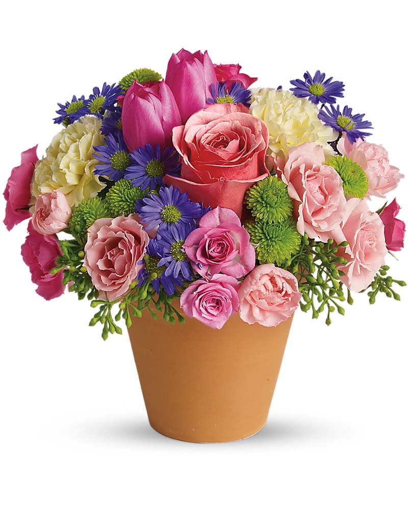 Spring Sonata - Once in a while, an arrangement is so perfect for so many people and so many occasions, it really is a floral masterpiece. Introducing Spring Sonata. Pink roses, tulips, miniature carnations, light pink and hot pink spray roses, purple monte cassino asters, green button spray chrysanthemums and seeded eucalyptus are delivered in harmony in a classic terra-cotta pot.