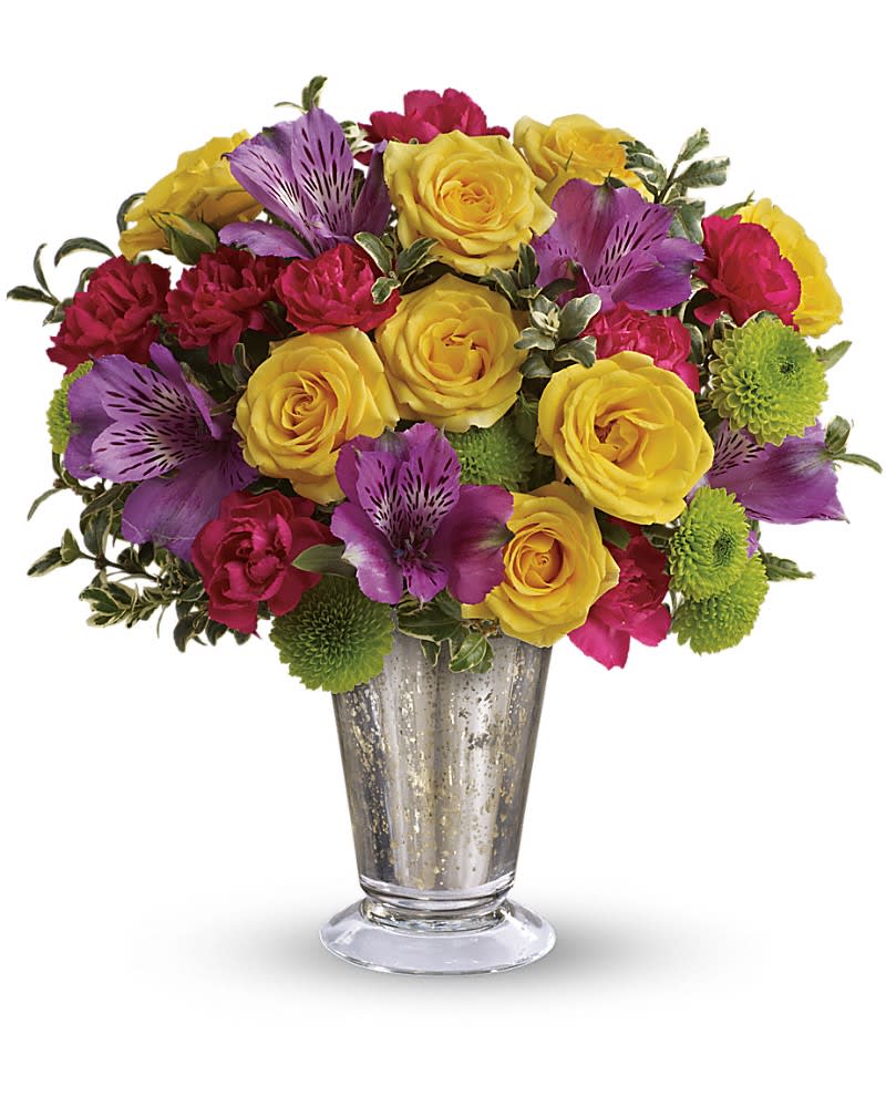 Teleflora's Fancy That Bouquet - A timeless Mercury Glass vase lends a fancy flourish to this uplifting bouquet. Yellow roses and miniature hot pink carnations are just the way to pop up her day! Includes yellow roses, purple alstroemeria, miniature hot pink carnations, green button spray chrysanthemums and fresh oregonia. Delivered in a Mercury Glass small julep.