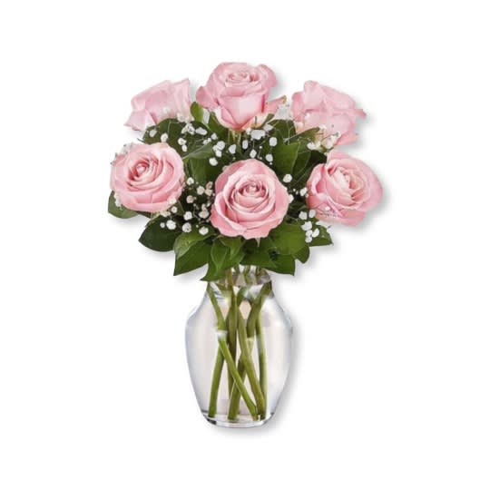 Half a Dozen Pink Roses - Send someone a caring embrace with our charming pink roses. Beautifully arranged by our skilled florists with lush greenery inside an elegant glass vase, six delicate blooms are delivered right to the door to delight them for a special celebration or an out-of-the blue surprise.