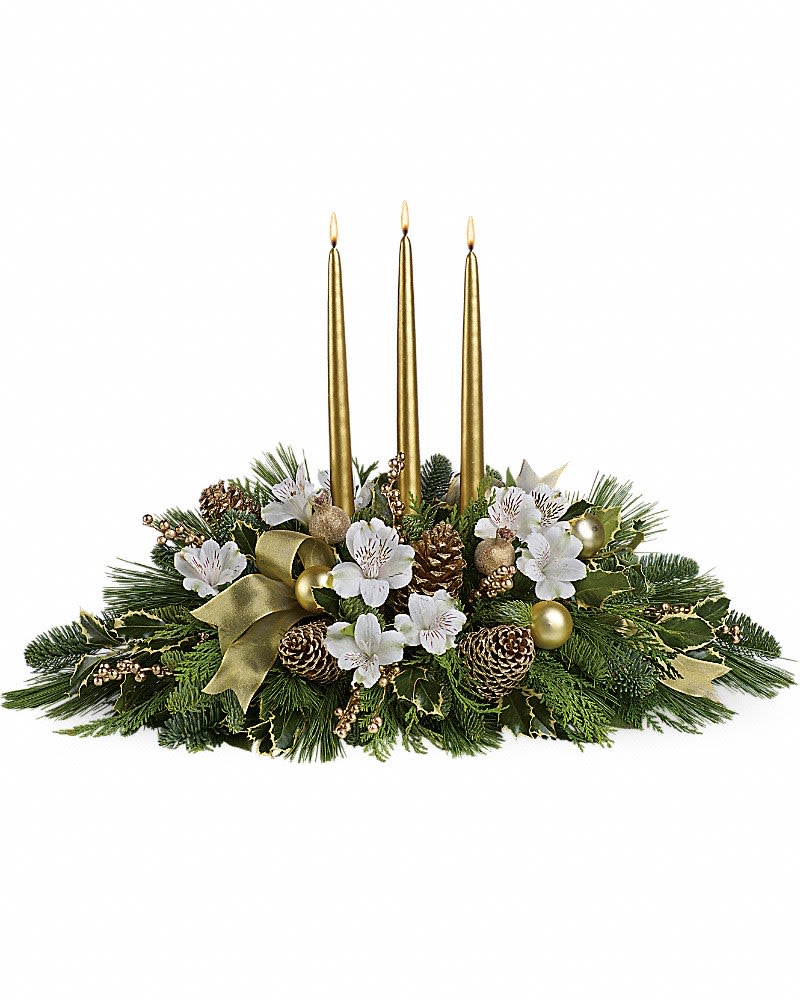 Royal Christmas Centerpiece - Know someone who deserves the royal treatment this holiday season? This shimmering golden centerpiece will shine its golden light upon them. Three gorgeous gold taper candles take center stage in an arrangement of crÃ¨me roses and spray roses, white alstroemeria, gold ornaments, pinecones, intricate mesh ribbon, Christmas greenery and more. This kind of high style really is fit for a king or queen!