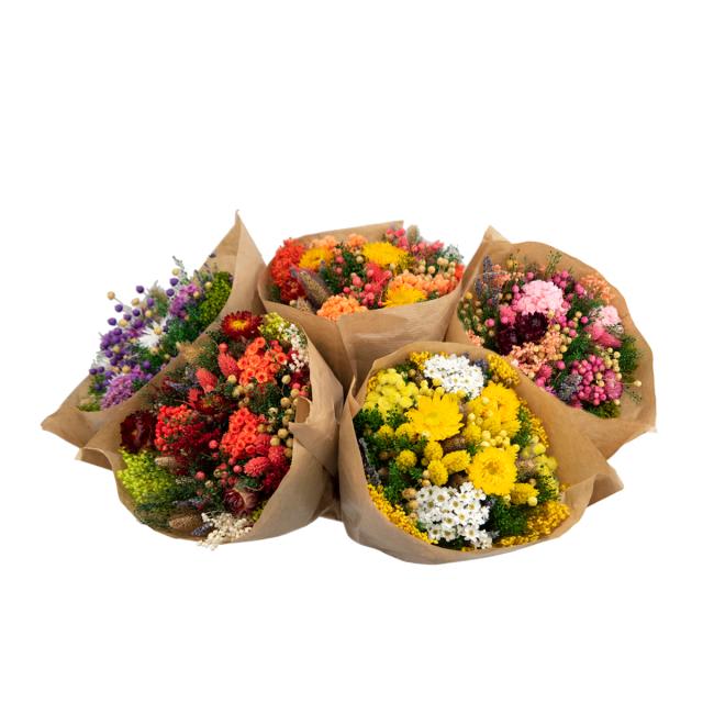 Dried Fantasy Bouquets - These colorful dried floral bouquets are perfect for those who love to have everlasting flowers. Nicely wrapped in craft paper and tied with w ribbon. ***Please specify a color scheme preferred, otherwise a seasonal color will be chosen 