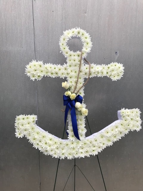 Anchor - A white floral anchor created in white cushion chrysanthemums, white roses and rope.