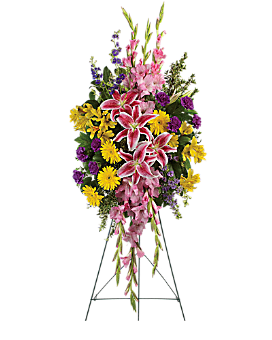 Rainbow of Remembrance - This inspiring spray includes pink stargazer lilies, yellow gerberas, yellow alstroemeria, pink gladioli, purple carnations and purple larkspur accented with oregonia and lemon leaf.