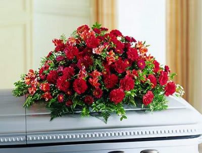 Eternal Solace Casket Spray - The rich red colors of this casket spray are a remembrance of one who is cherished. Bright red carnations are accented with aster and alstroemeria to create a stunning arrangement of blooms. Other colors may be available upon request.