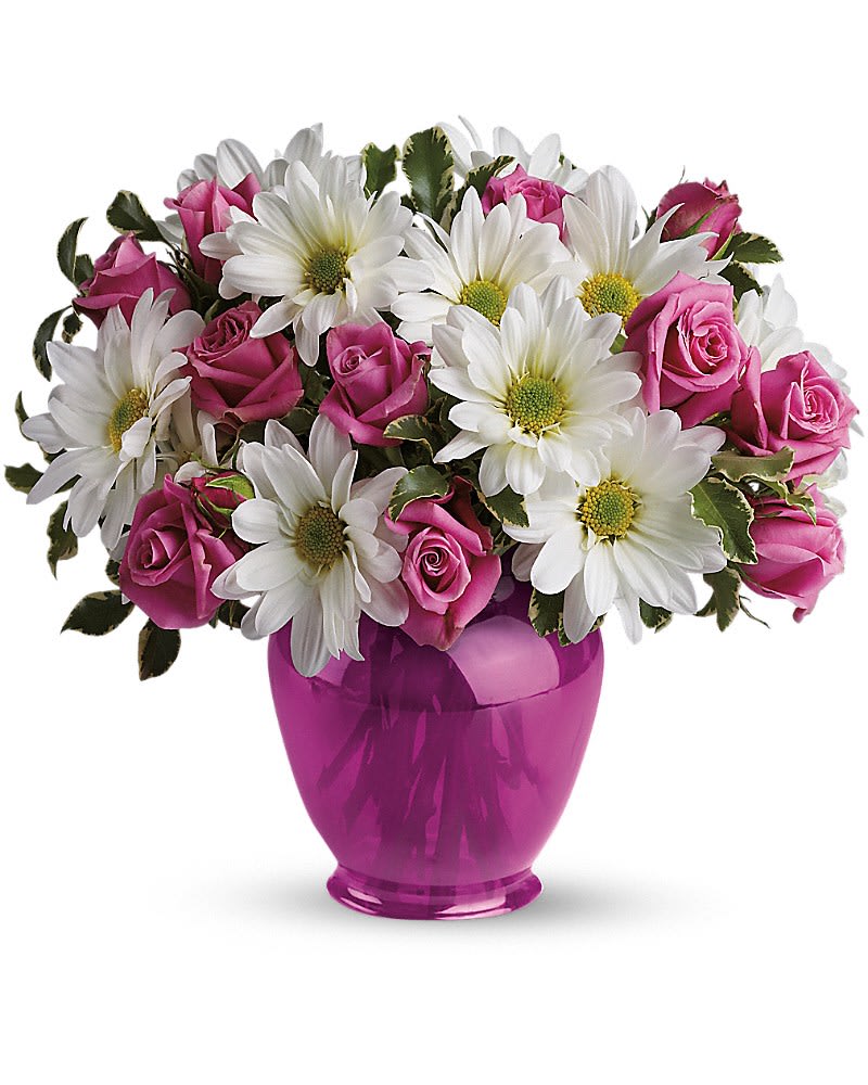 Teleflora's Pink Daisy Delight - Do you know someone who is feeling under the weather? Chase away the clouds and bring on the sunshine with white daisies and pink roses in a classic fuchsia ginger jar. They'll love the gift and you'lll love the sunny price. The charming bouquet includes pink spray roses and white daisy spray chrysanthemums accented with fresh greenery. Delivered in a fuchsia ginger jar vase.