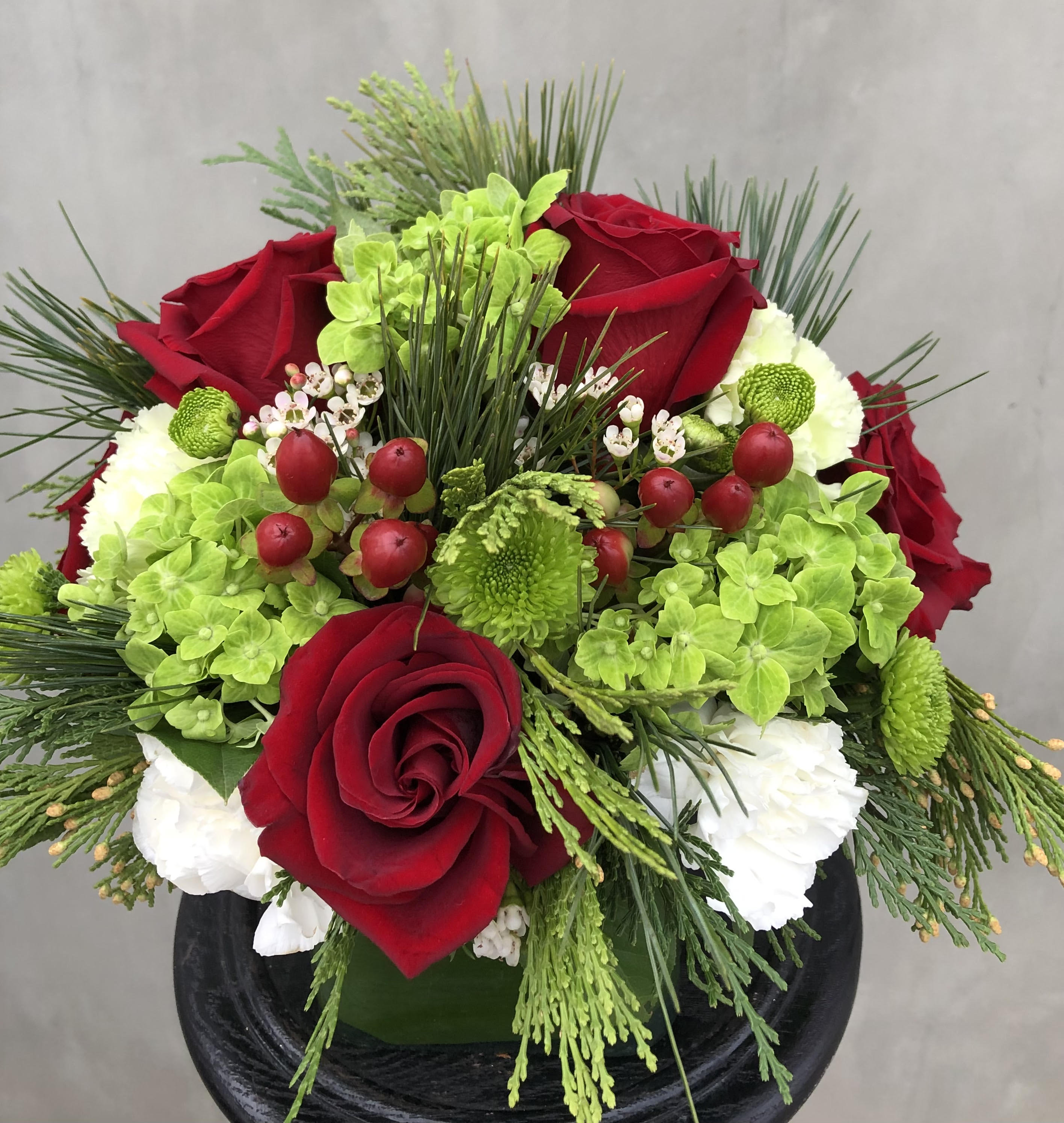 Best Wishes - Roses, Berries, Green Hydrangea and Berries.