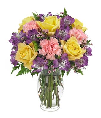 Pastel Wishes - Yellow roses, pink carnations, and purple alstro