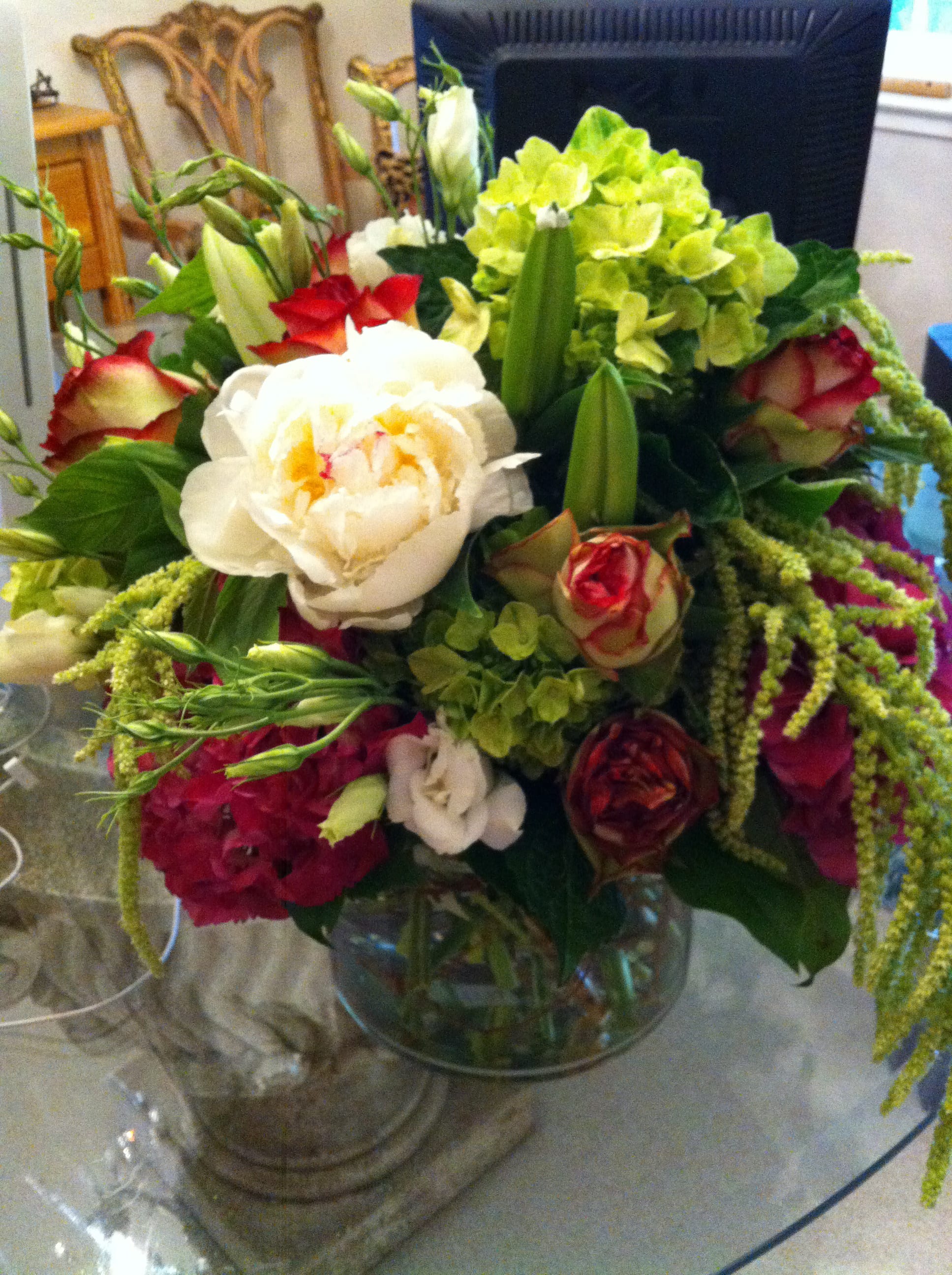 Lush Burgundy  - Two-tone roses, hydrangea, lilies (they haven't opened yet, but they will), hanging amaranthus and peonies as available.