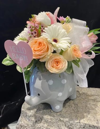 An Elephant Never Forgets! An Elephant Never Forgets! - The recipient of this adorable baby elephant keepsake wont ever forget the day her baby was born, and she will have this ceramic piece to keep. The ceramic elephant is hollow inside and can be used to store cotton balls or baby supplies or even as a planter for a pretty plant. We sell out of this gift often. It can be customized for either girl or boy.