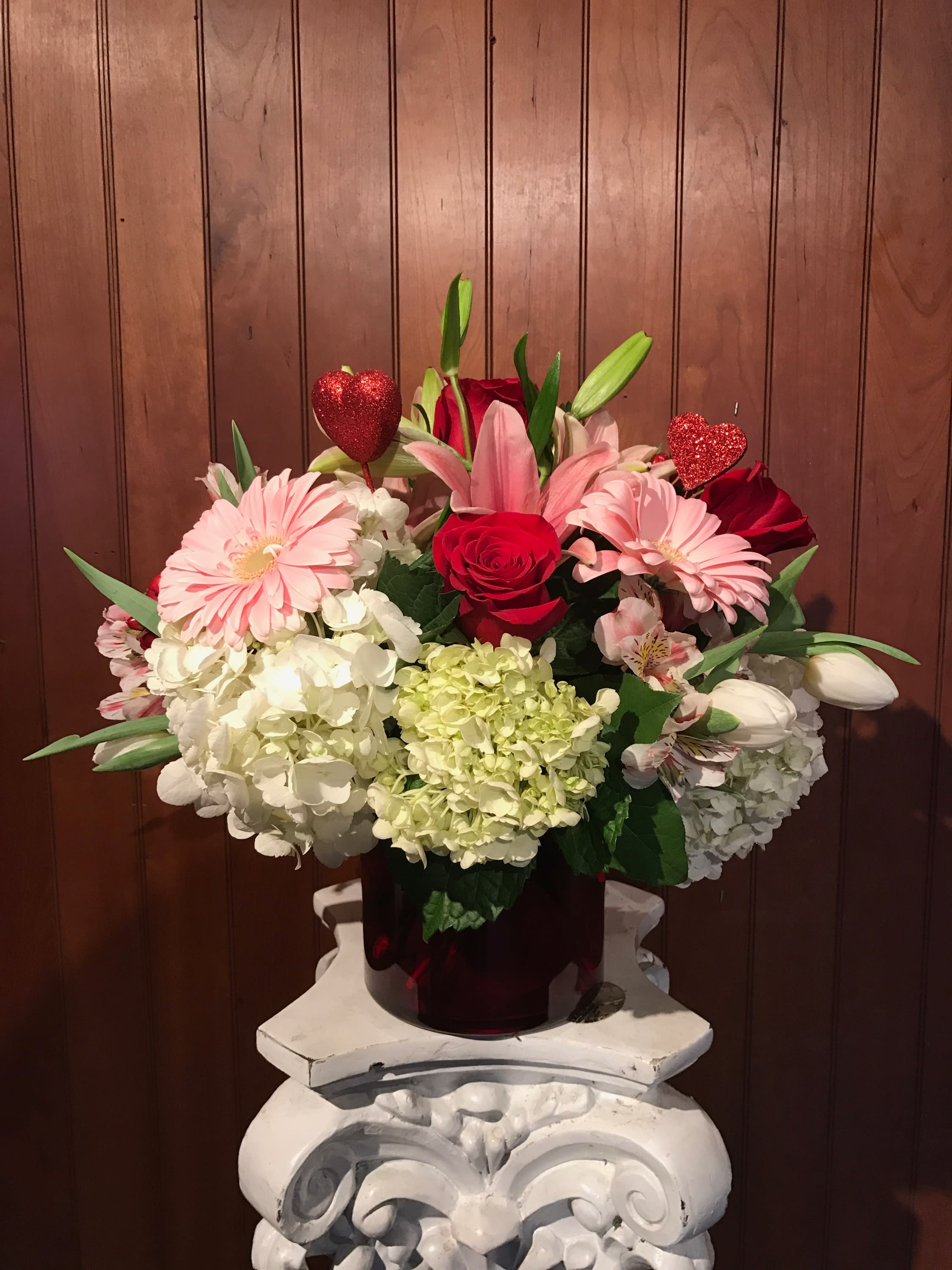Floral Romance - Beautifully designed flowers in glass cylinder roses, hydrangea, tulips gerbera daisies!!