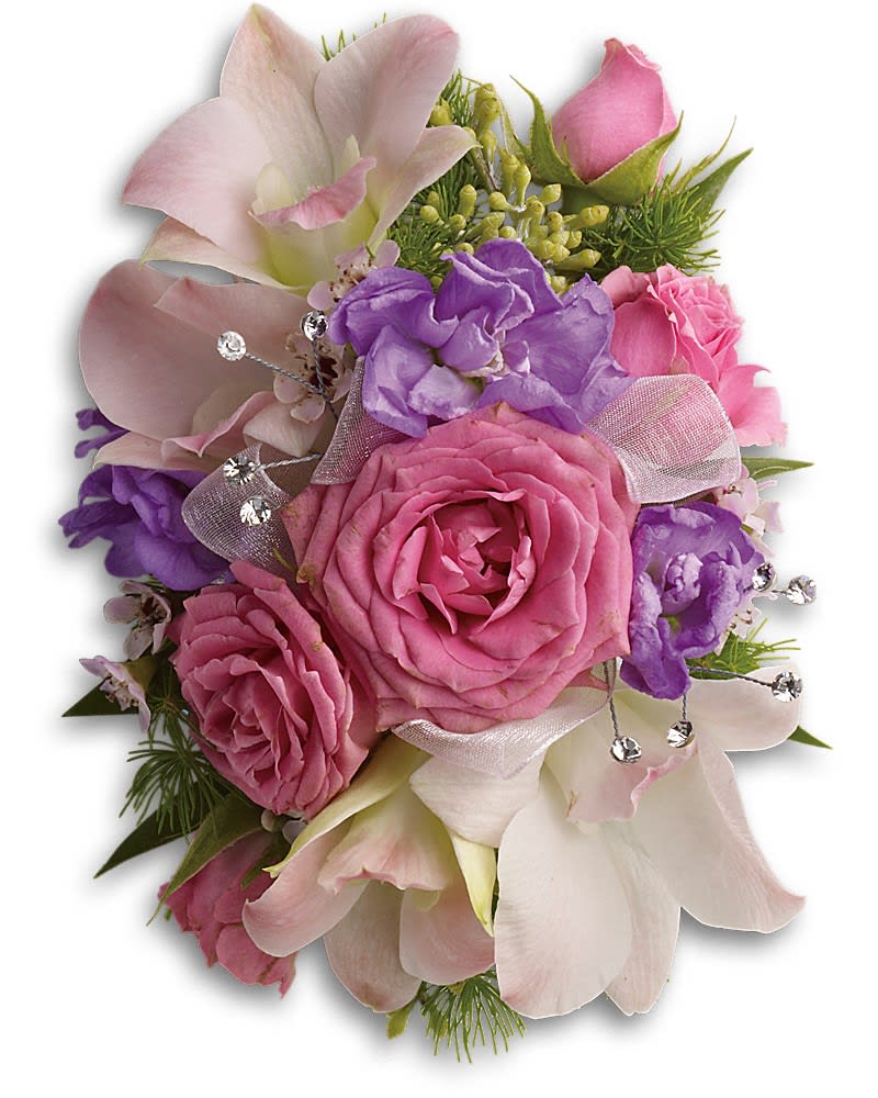 Purple Love Wristlet - A luxurious array of purple, pink and white blooms on a faux pearl cuff. Pink dendrobium orchids and spray roses, with hints of purple stock, pink waxflower, ming fern and seeded eucalyptus on a faux pearl cuff.