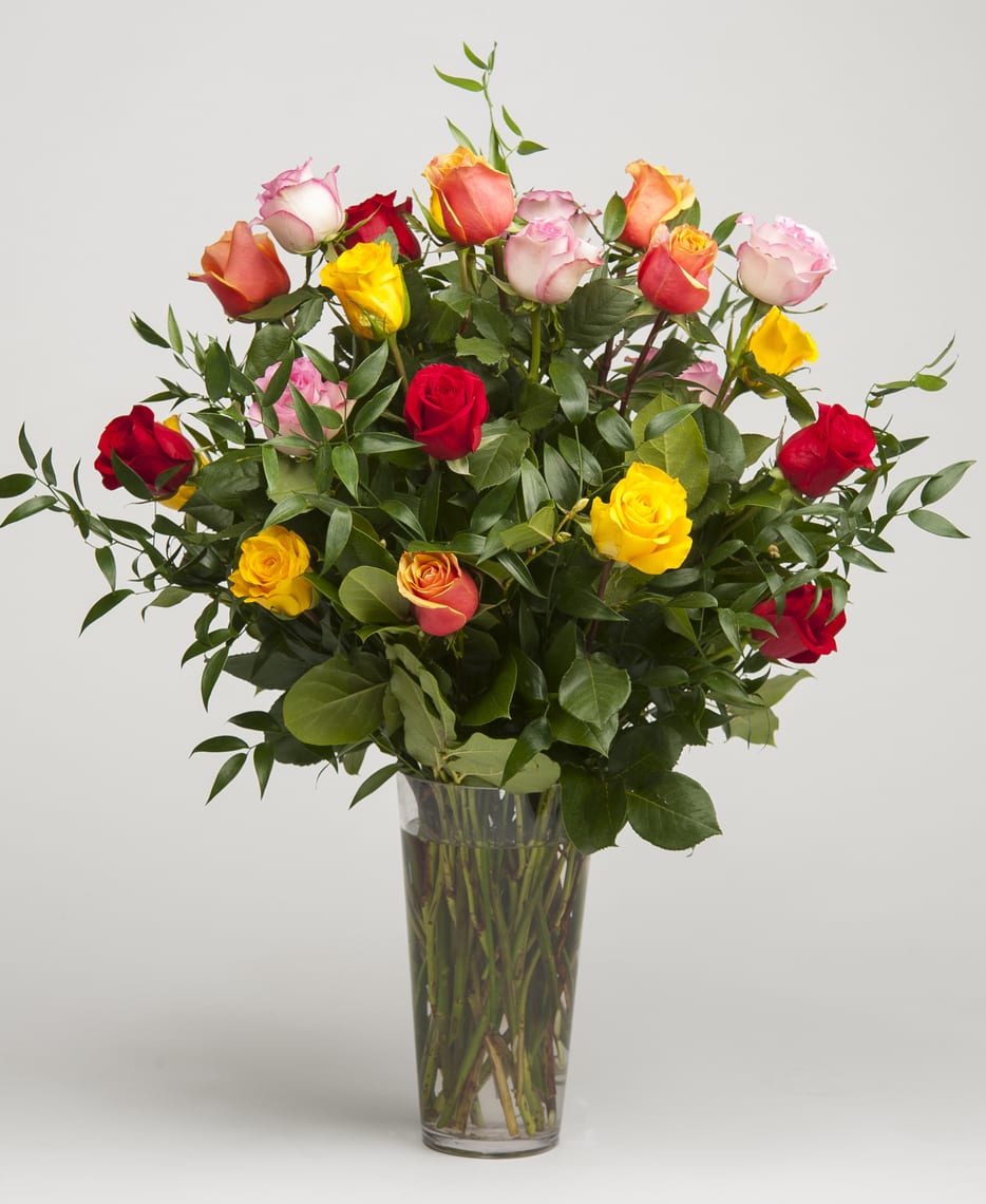 2 Dozen Roses Classic Mix 2 Dozen Roses Classic Mix - Our designers will pick a mix of the freshest colored long stemmed roses and design them in our signature tall glass vase