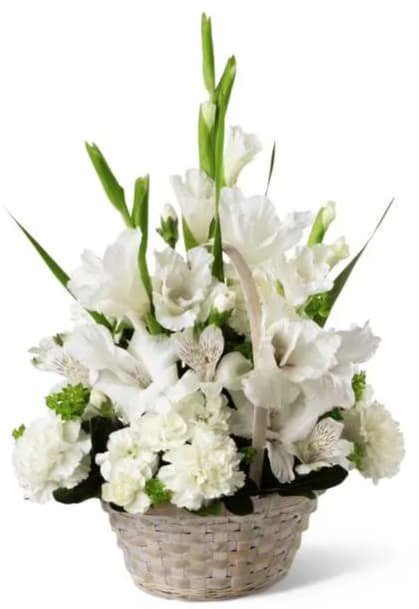 Eternal Affection - Eternal Affection Arrangement is a peaceful offering of heartfelt sympathy. White gladiolus, Peruvian lilies, carnations, mini carnations and lush greens are beautifully arranged in a round whitewash handled basket to create a beautiful display of soft serenity.
