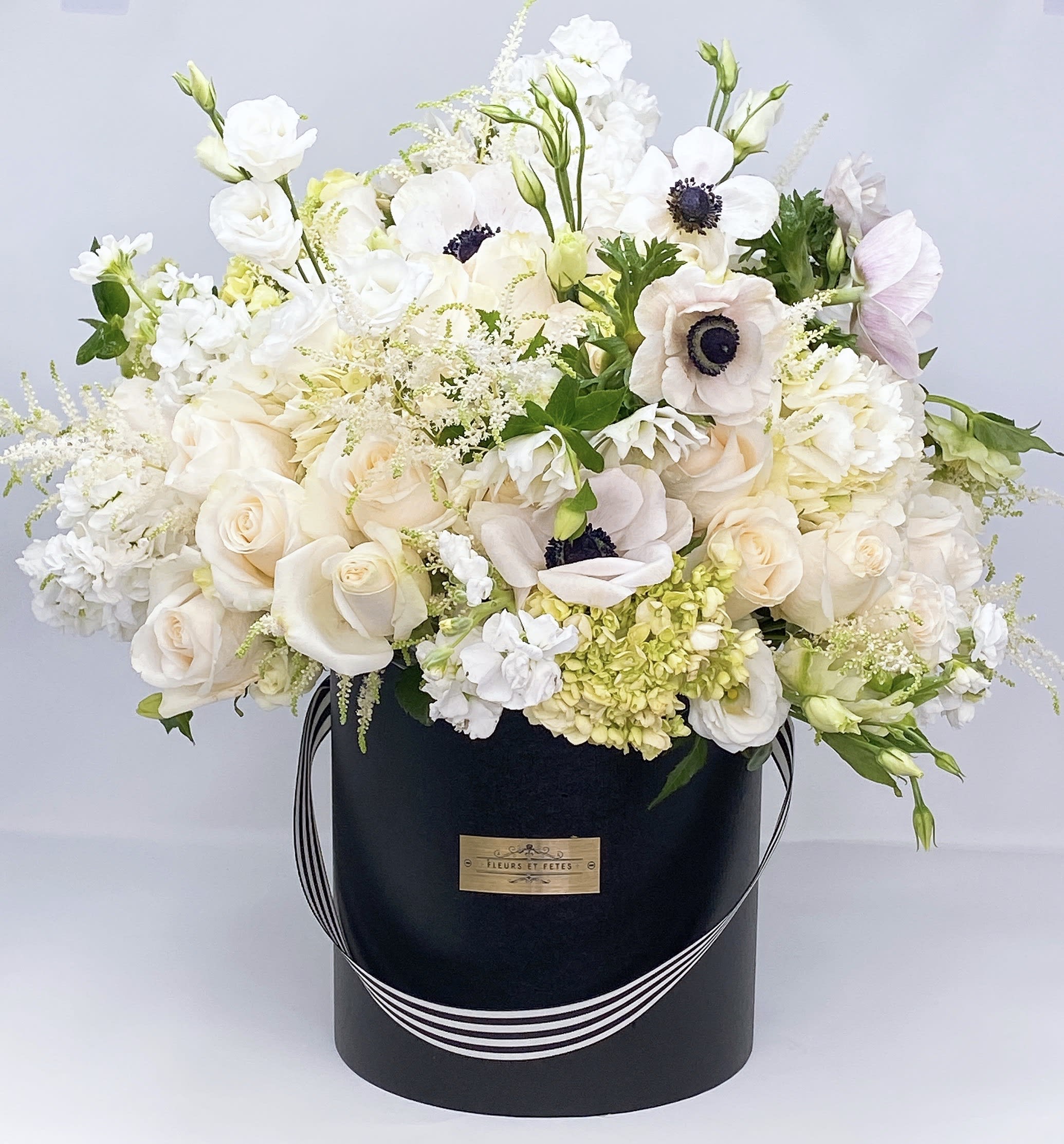 Heavenly - You will find new delights in every inch of this gorgeous arrangement. Featured flowers: Hydrangeas, roses, Lisianthus, astilbe, anemone. Designed in Fleurs et Fetes box.