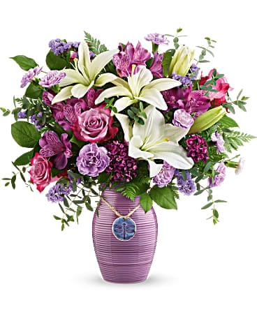 My Dreamy Dragonfly - This dreamy bouquet features lavender roses, white asiatic lilies, purple alstroemeria, miniature lavender carnations, dark pink sweet william, lavender sinuata statice, parvifolia eucalyptus, leatherleaf fern, and lemon leaf. Delivered in a My Darling Dragonfly vase. 