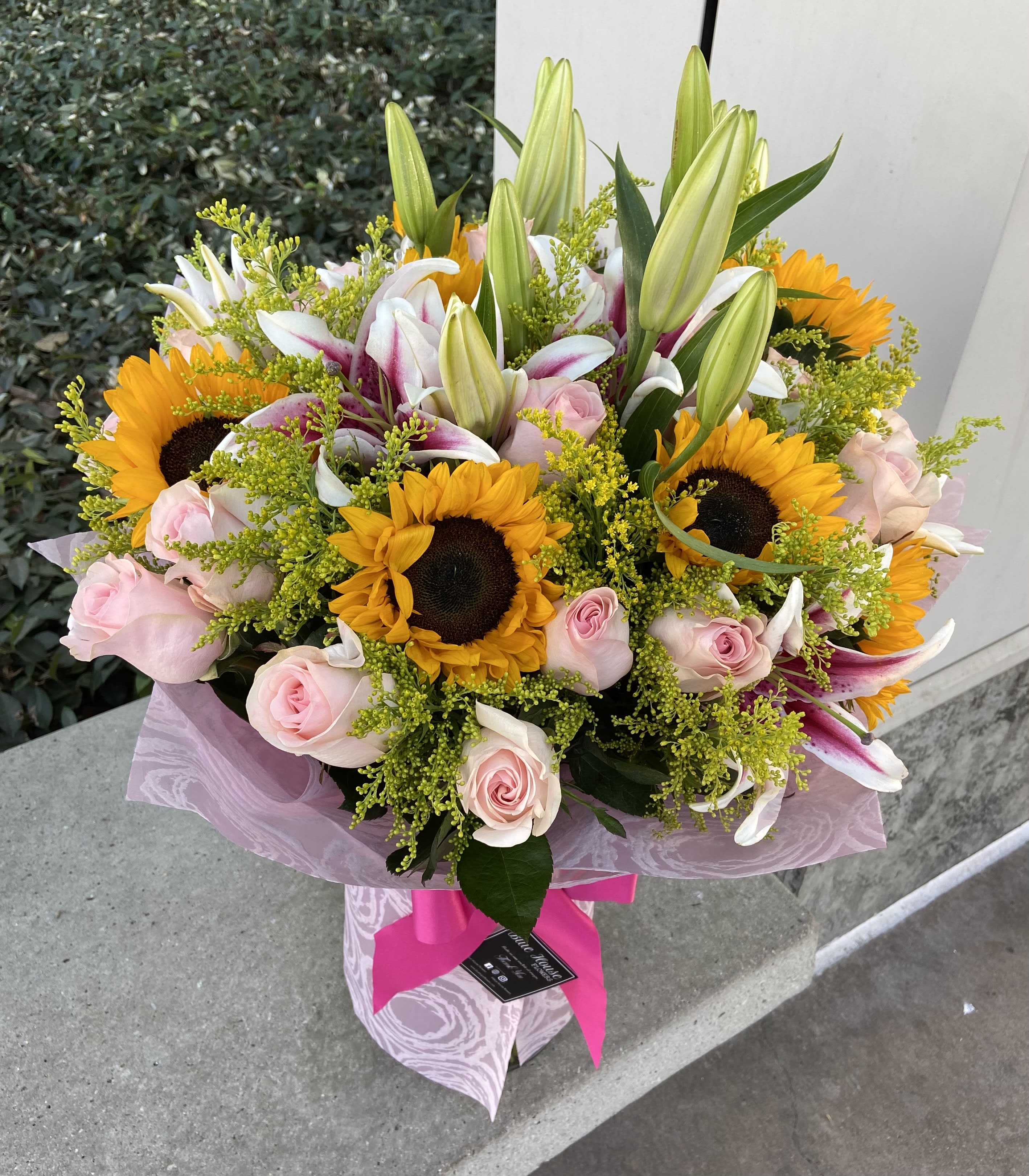 Anastasia Bouquet  - 24 Pink Roses, 5 Sunflowers, and Lilies.
