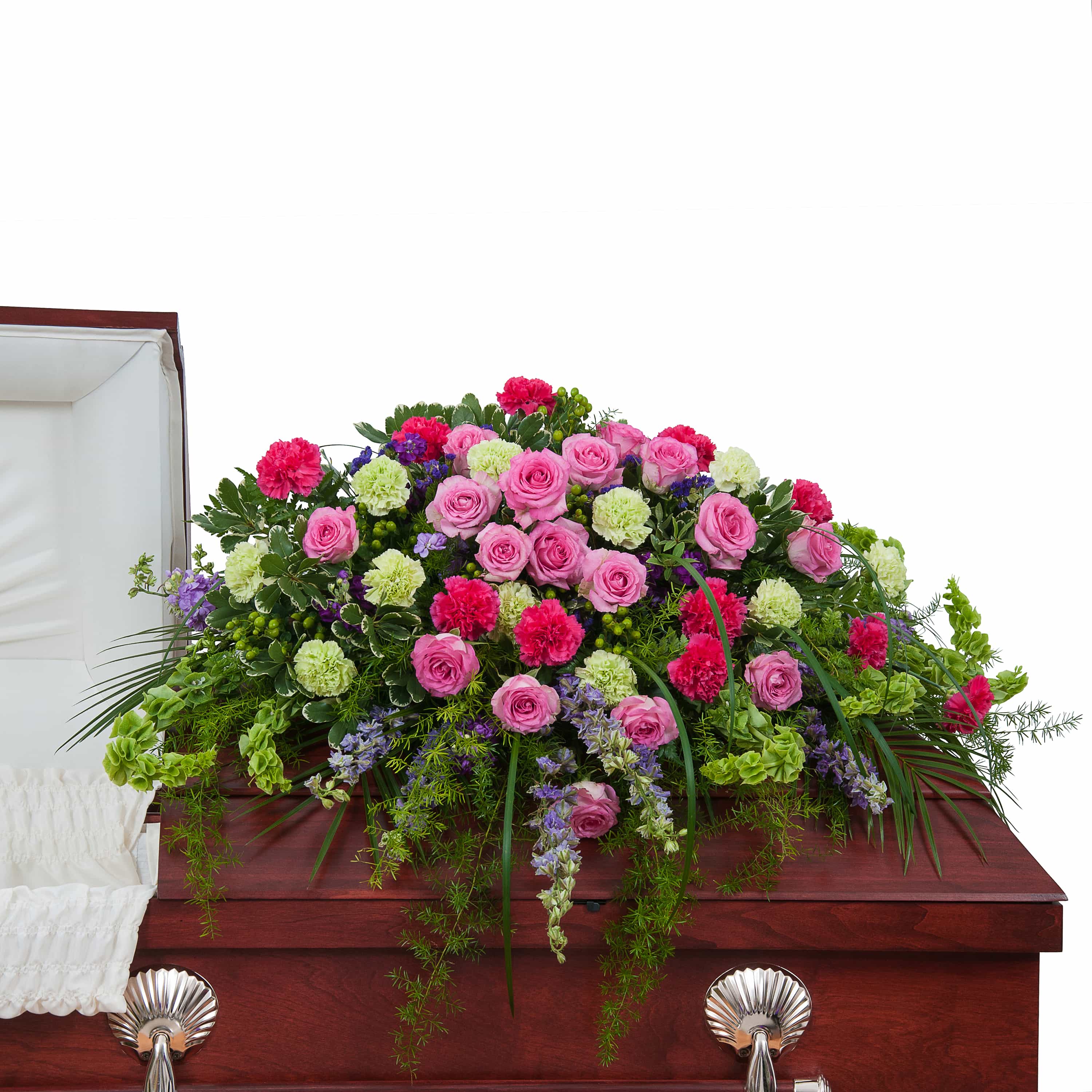 Forever Cherished Casket Spray - This beautiful combination of pink and purple flowers will show that they will be forever cherished.  Approximately 44&quot; wide 30&quot; deep As Shown : TMF-771