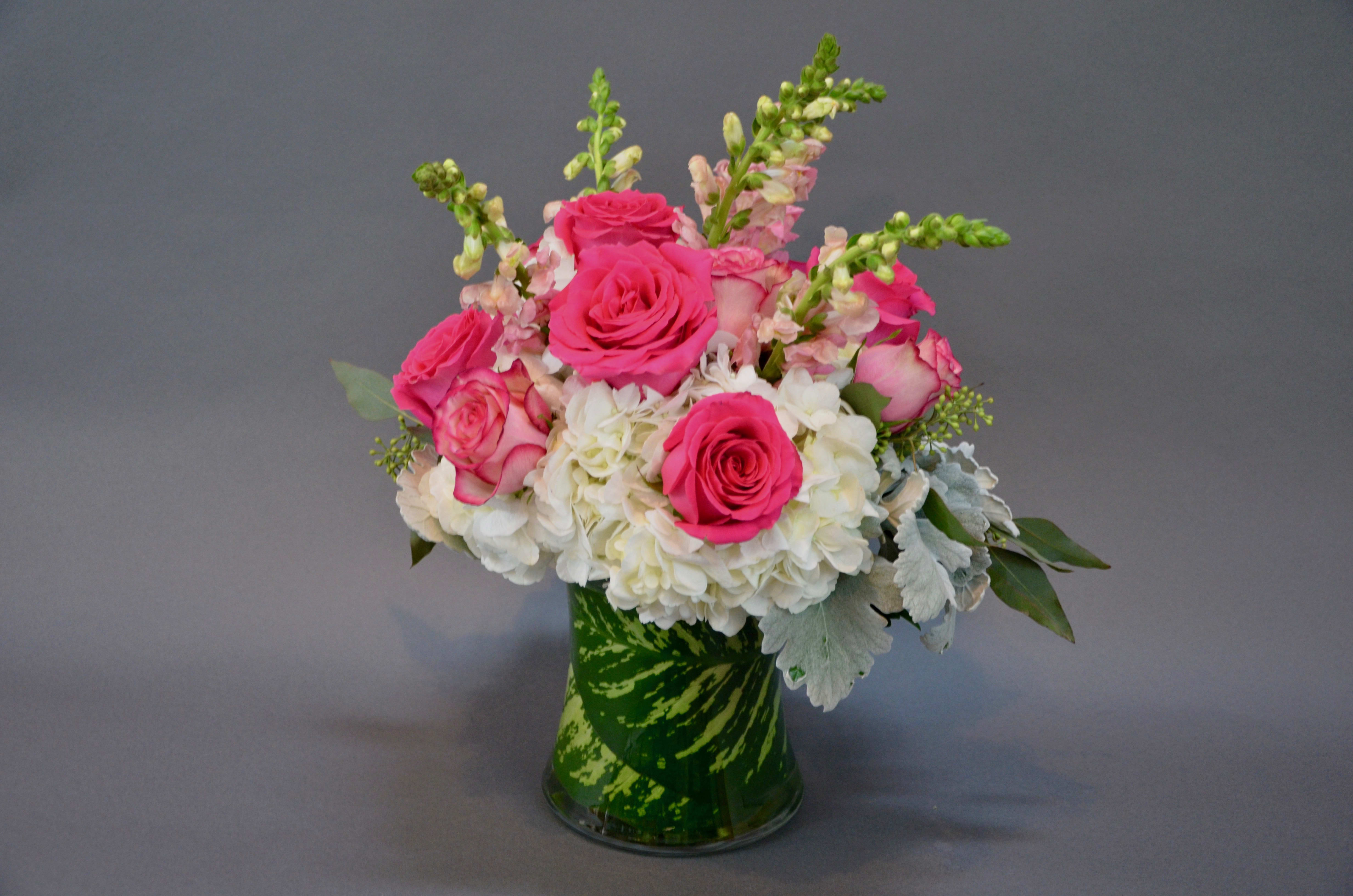 Pretty in Pink - Pink roses and snapdragons surrounded by white hydrangea- for the person that loves pink!