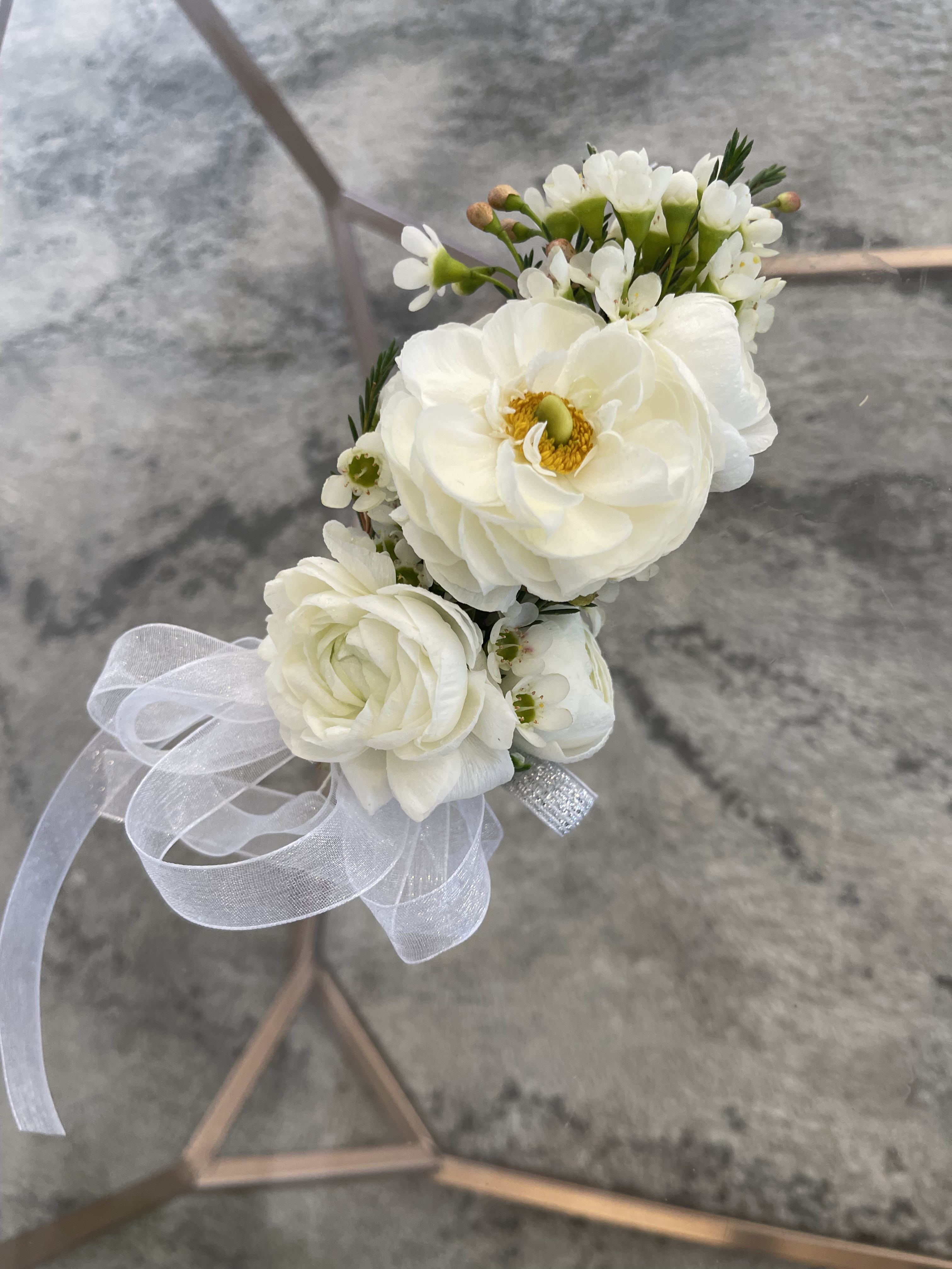 white wax flower corsage