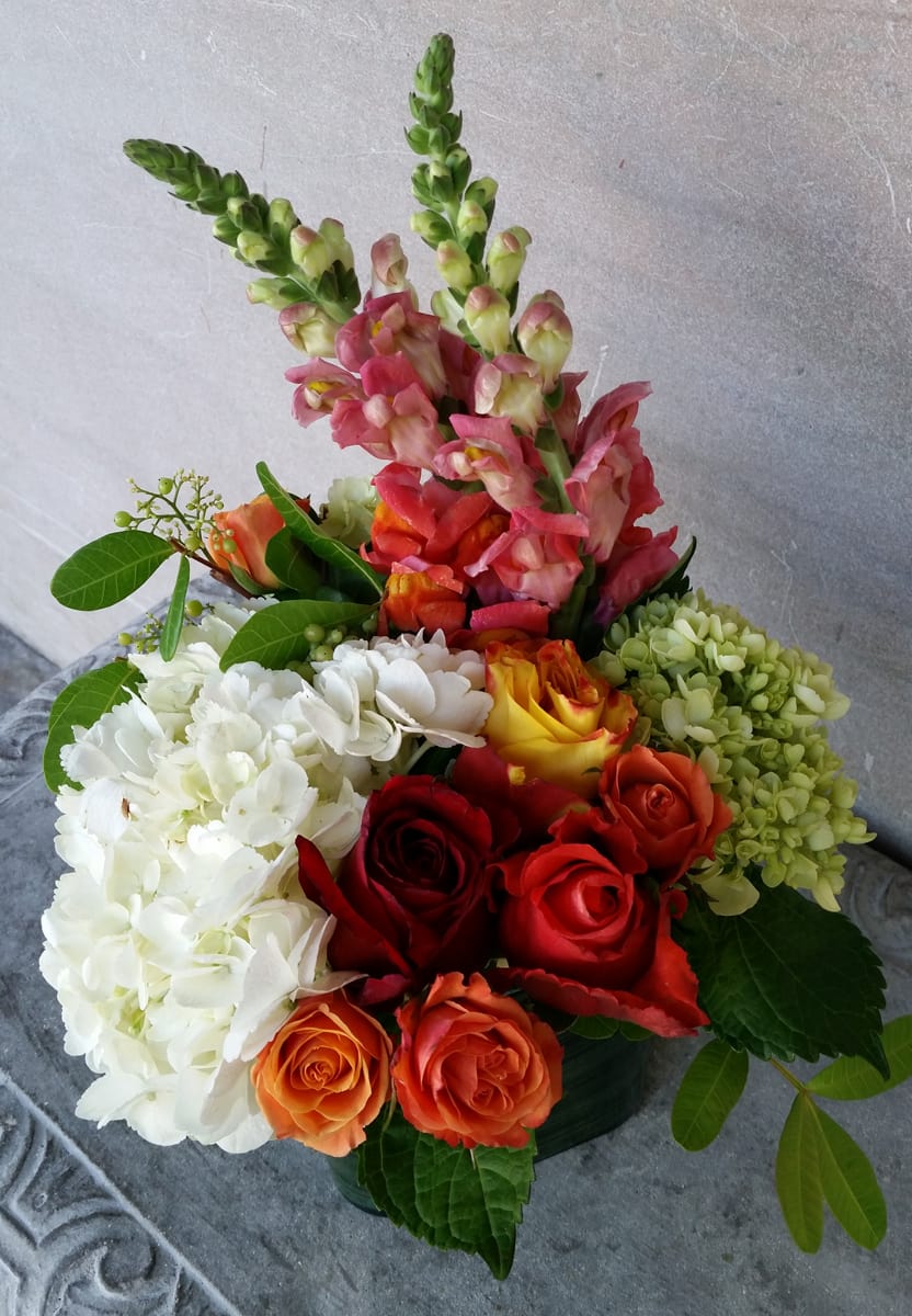 orange/red cube - snaps, hydrangeas, roses in glass cube with leaf
