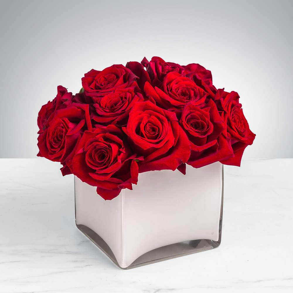 Radiant in Red by BloomNation™ - This bold yet tasteful bouquet is the perfect size for any desk. Radiant in Red by BloomNation™ makes a great gift for Valentine's Day, a Birthday, or an Anniversary.  Arrangement Details: 12 Red Roses in a Clear, Cubed Vase APPROXIMATE DIMENSIONS 8&quot; H X 10&quot; L X 8&quot;W