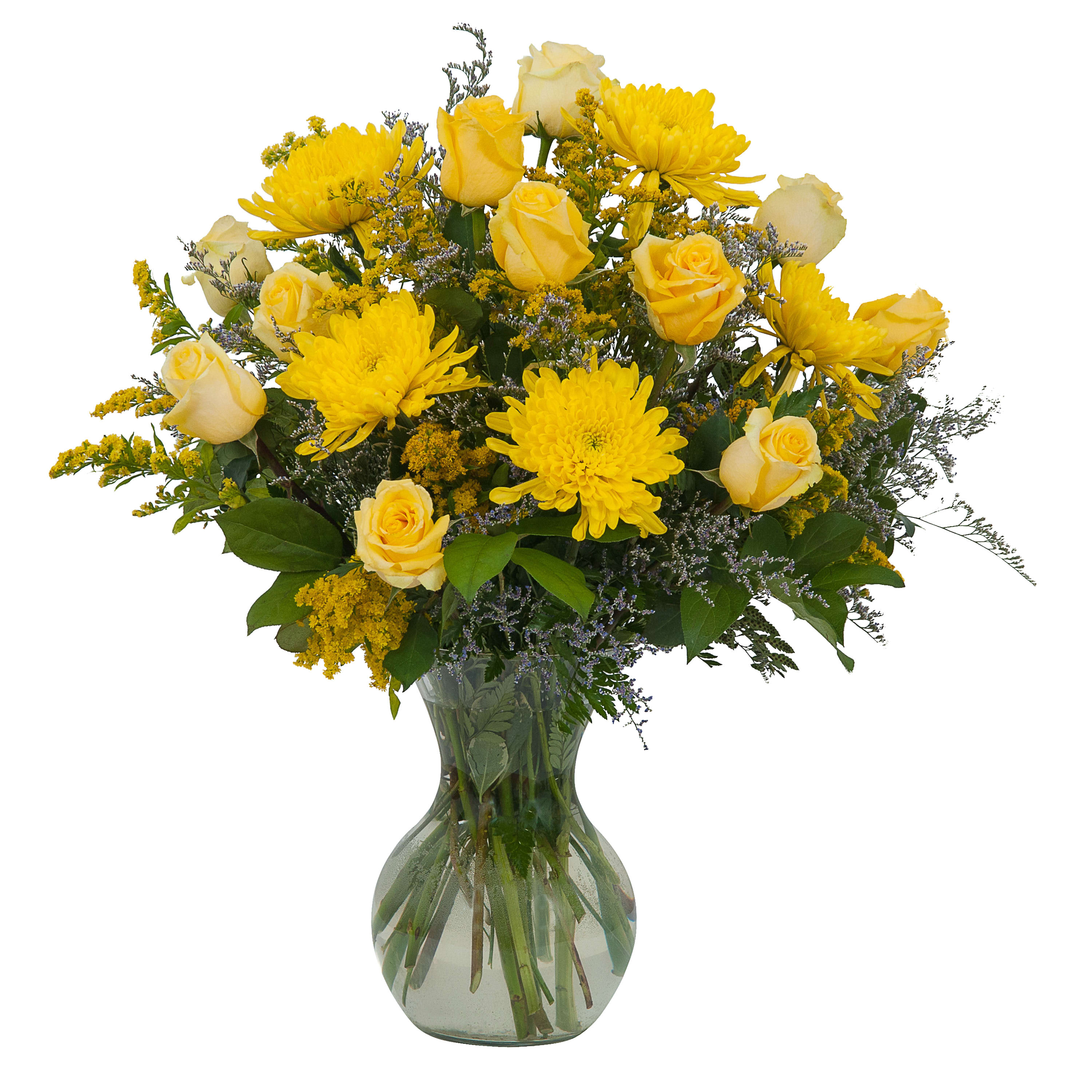 Roses and Sunshine - Yellow roses and yellow blooms combine to bring the feel of sunshine to this arrangement.TMF-604