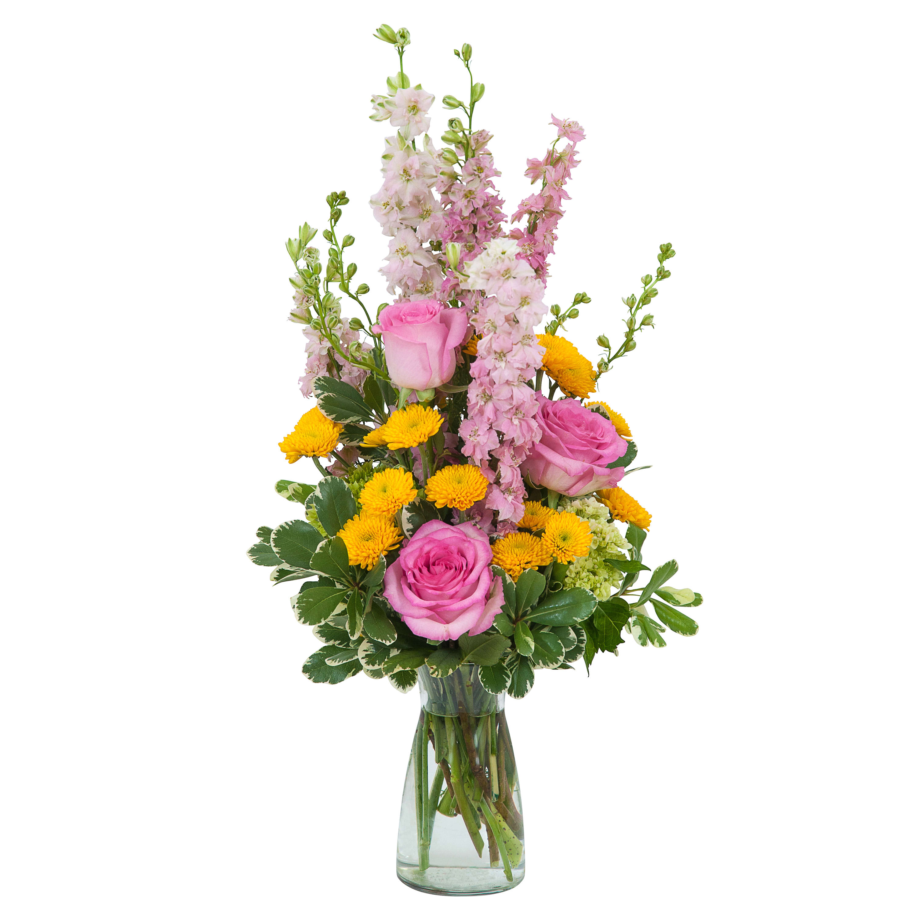 Pink N More - A garden style arrangement arranged in a beautiful clear glass vase to brighten someone’s day.TMF-607