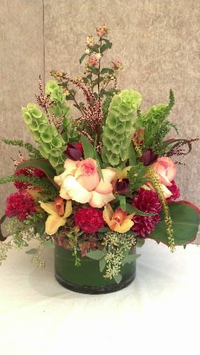 ESPERANCE  - mix of beautiful flowers Highlighted by the Gorgeous Esperance Rose.  With Bells of Ireland Dahlias and Cymbidium Orchid accents...