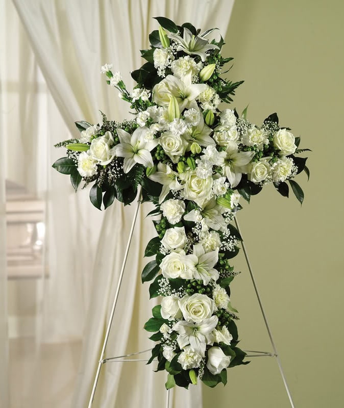 Classic White Cross - The perfect tribute for that special person. This classic piece will help you celebrate the memory of your loved one. Standard size 30&quot; tall form used. Deluxe size 36&quot; tall form used.