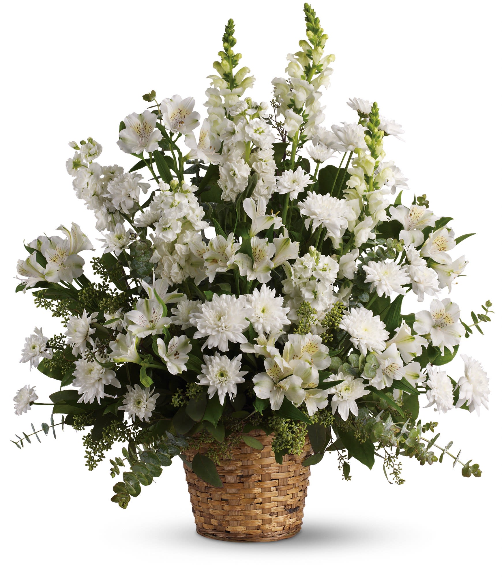 Heavenly Light - White alstroemeria, snapdragons and other blooms  in a beautiful basket is a gift of caring that brings an air of serenity to the memorial service. Later, it may be a comfort for the family at home. ***Color accents and options available.  Please call for details and banners. 