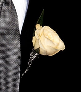 White Rose Boutonniere - Clean, simple and so right - one spectacular white rose with a touch of silver, pinned to his lapel.