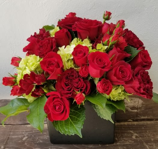 Red Rose Cube - Roses, specifically Red Roses are one of e most favorite selections we create. It's a classic for any occasion for someone special in your life, and if it happens to be the time of year everyone is looking for a special rose bouquet for their &quot;Sweetheart&quot; on Valentine's Day you can't go wrong. Being the recipient of a bouquet such as this is always really special when it arrives.  Now let's go over the details of this beauty.  This design style is a classic form, traditional in its shape it lends itself to feature all different kinds of flowers, but with Roses, it seems to be especially appropriate. Very lush and romantic, for this selection we happen to create it in a modern square black vase that looks great in any setting. Filled with Red Roses, Hydrangea, and lush seasonal foliage all mingle together in this beautiful display perfectly.
