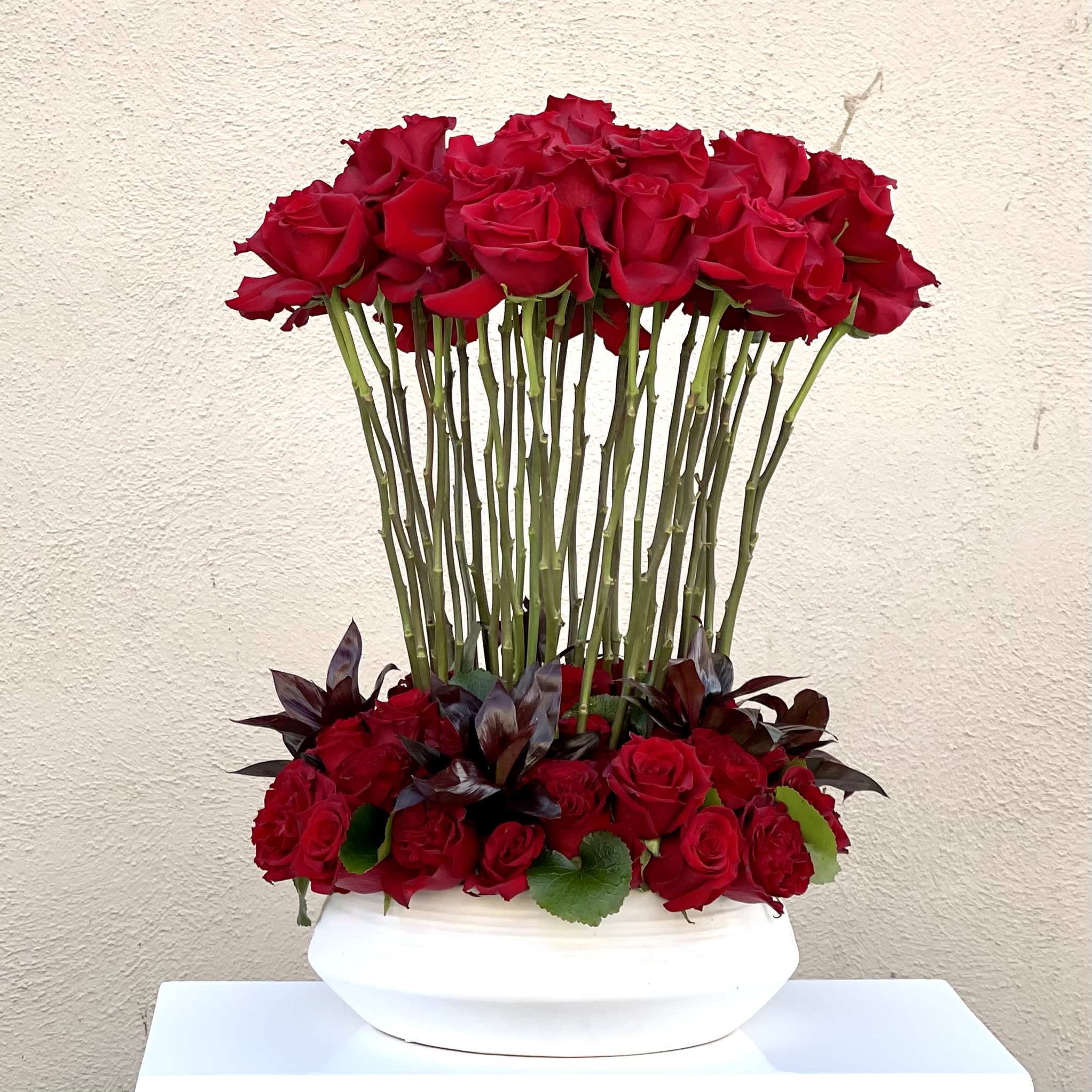 Red Roses Standing  - Dozens of tall red Roses standing in grouping of more roses totaling over 125 roses placed into a ceramic vase has the dimensions of: a base of 8&quot;, a head of 18, and a height of 24&quot;. These giant Roses are sure to stand out from any other gift because of their eloquent expression. Order one today to make the perfect gift or bring some living beauty to any home.  
