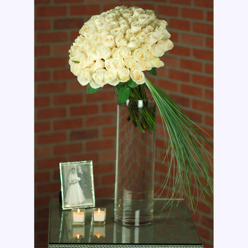 White Floral Comets - 4 Dozen Tall Roses in a glass vase. approx&quot; 35&quot; Tall Deluxe: 6 Dozen Roses Premium: 8 Dozen Roses 