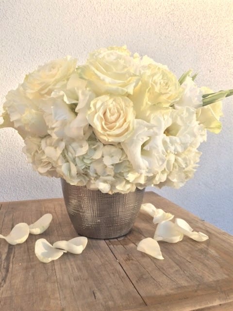 Lovely Lovely - A sweet arrangement of Vendela Roses, Antique Hydrangeas and Lisianthus in a textured silver vase.