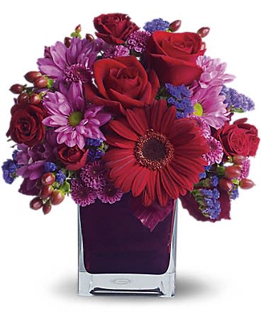 It's My Party by Teleflora - The only crying that this plum party arrangement might inspire are tears of joy! So fabulous. So fun. So fall with its jewel-toned modern cube that's chock full of gorgeous red purple and perfect flowers.