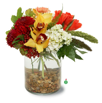 South Beach - What is the essence of South Beach style? High fashion, a cutting edge viewpoint, and exotic blossoms such as orchids and dahlias, tucked into a glass vase with berries and a mix of fresh blossoms, presented on a bed of pebbles. Trés chic!