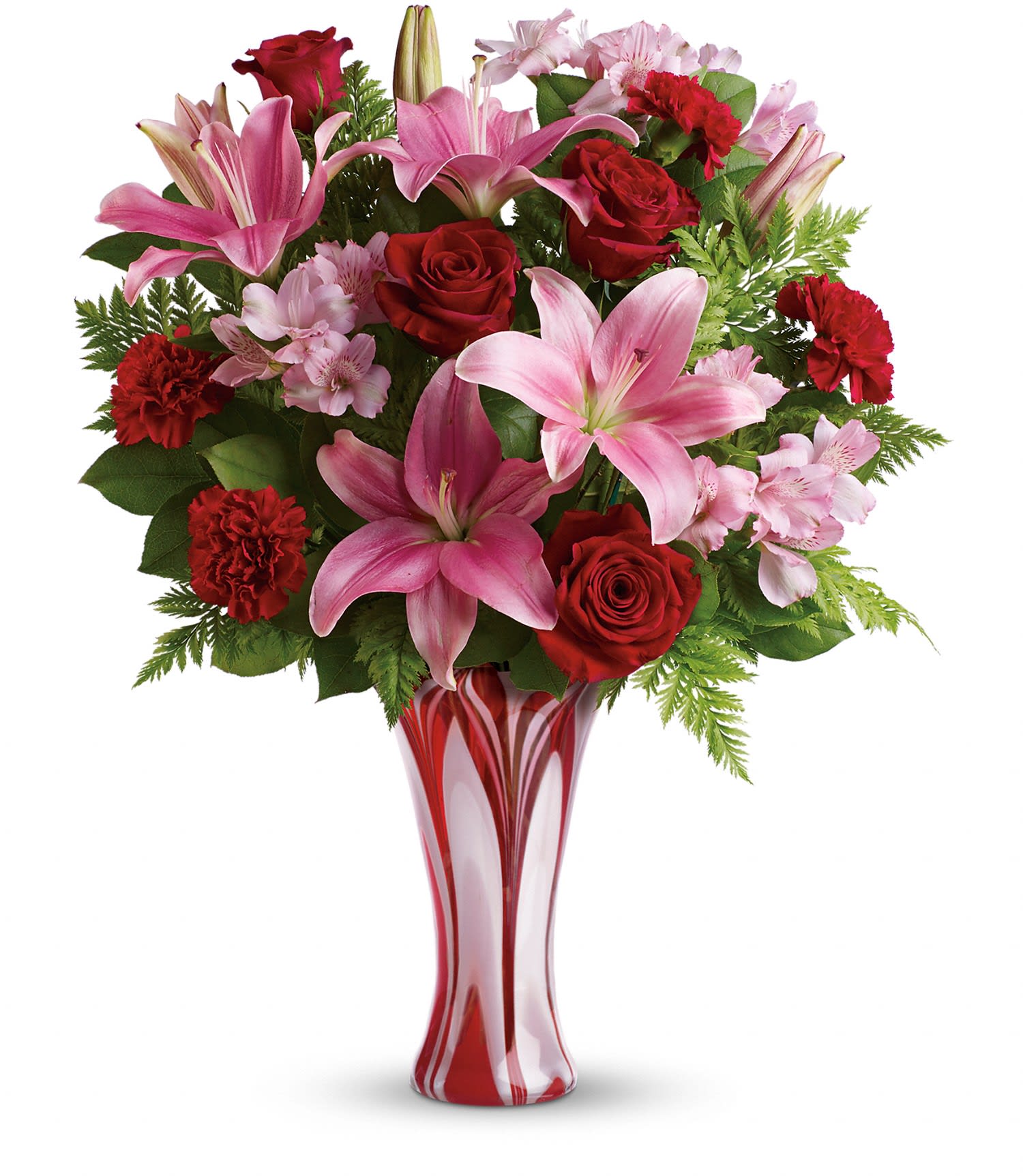 Teleflora's Rose Nouveau Bouquet DX - Romance is an art. Perfect it this Valentine's Day with this dramatic take on the classic red rose bouquet! Rich red roses, pretty pink lilies and delicate alstroemeria are masterfully arranged in a stunning glass vase she'll treasure forever. 