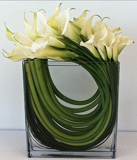 Mystic Callas - A Modern Calla Arrangement composed in a rectangular envelope glass vase