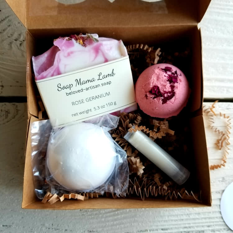 Handmade Rose Scented Relaxation Set  - Each care box is lovingly packaged as shown and includes 4 lovely, handmade beauty items for pampering.  Each care box measures 6&quot; x 6&quot; x 2.5&quot;, has a sticker with message, and contains:  Rose Garden artisan soap Rose Garden bath bomb shower steamer Rosemary Bergamot lip balm