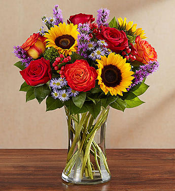 Country Medley Country Medley - All-around arrangement with red roses and hypericum; circus or bi-color orange roses; sunflowers; purple liatris and monte casino; accented with trachelium and salal Artistically designed in a clear glass gathering vase