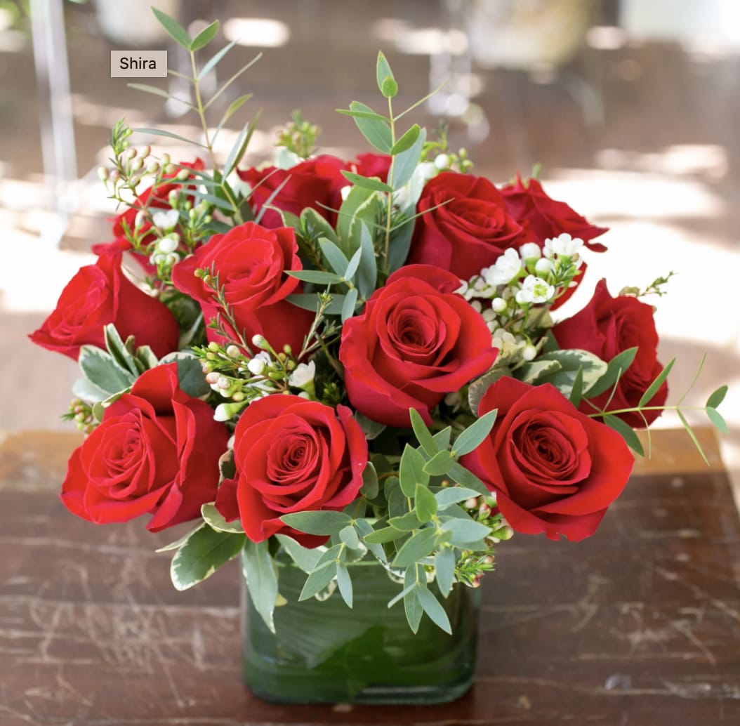 Accent on a Romantic Modern Dozen -  A dozen roses arranged in a vase as pictured