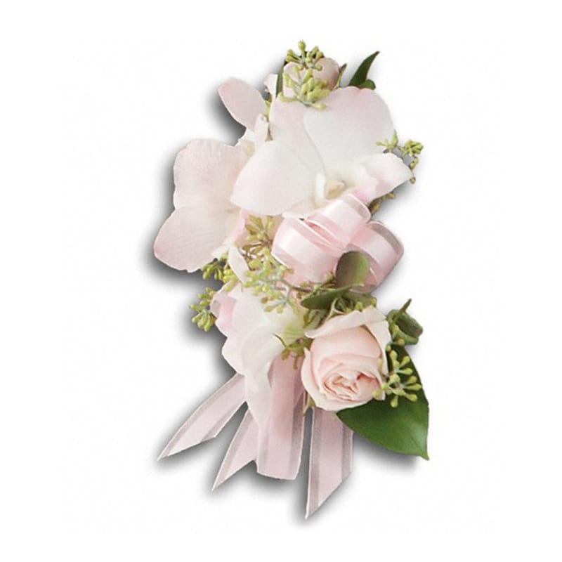 Beautiful Blush Corsage - A pale pink rose and dendrobium orchid highlight your beauty.  Light pink roses and dendrobium orchids are accented with seeded eucalyptus and Israeli ruscus.  Approximately 4&quot; W x 6 1/4&quot; H  Product ID: T196-3A
