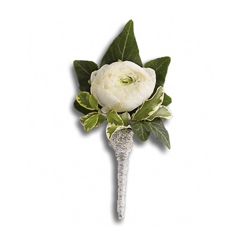  Blissful White Boutonniere - One ravishing white ranunculus radiates classic style.  White ranunculus with an ivy leaf and pitta negra, wrapped in an ivory satin ribbon. Approximately 2 1/2&quot; W x 5&quot; H  Product ID: T202-9A