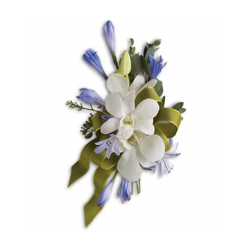  Blue and White Elegance Corsage - Reach for the sky with blue agapanthus and white dendrobium orchids.  Blue agapanthus and white dendrobium orchids are bundled with eucalyptus. Approximately 4 1/2&quot; W x 8&quot; H  Product ID: T201-4A