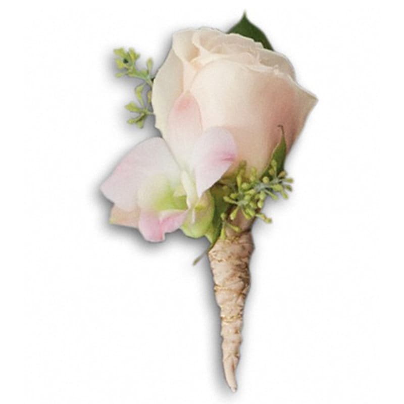  Dashing Boutonniere - Cause a stir with this pale rose and orchid pair.  A light pink rose is accented with light pink dendrobium and seeded eucalyptus.  Approximately 3&quot; W x 5&quot; H  Product ID: T196-2A