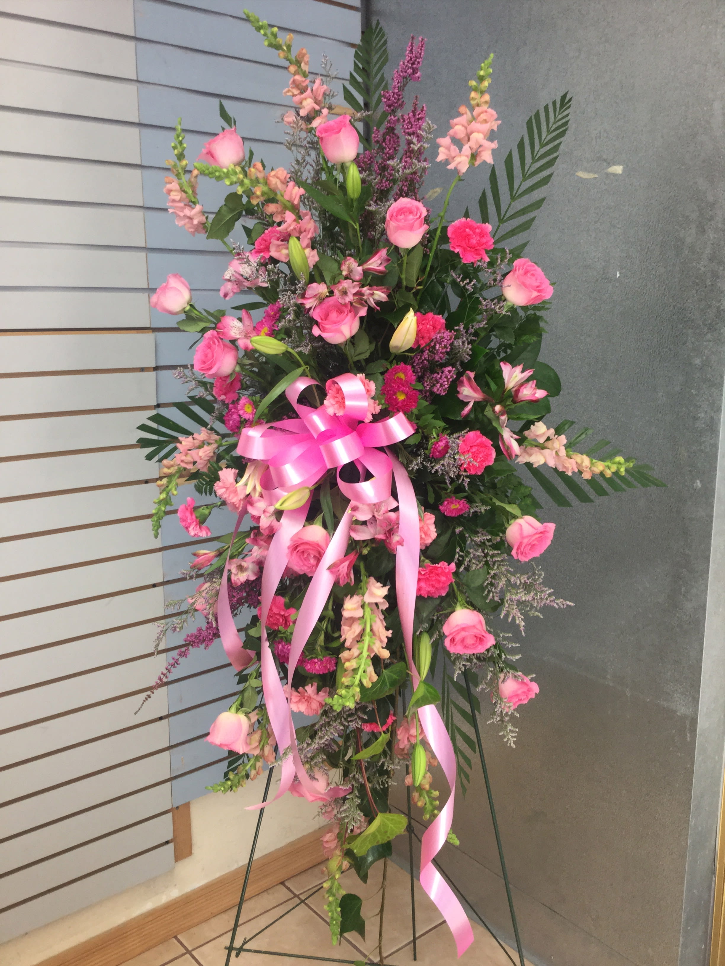 Funeral Pink Spray Stand by El Patito Florist